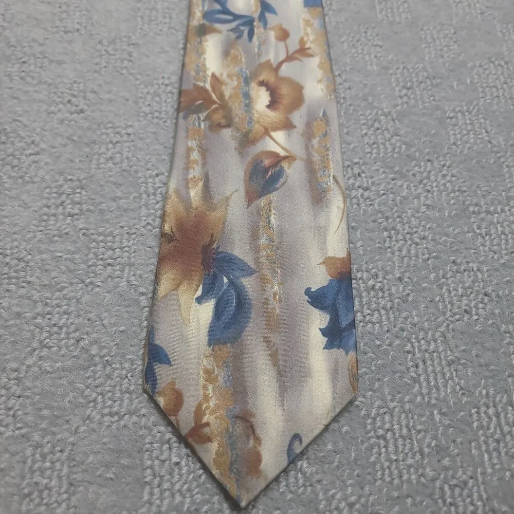 VTG Barrington Men's Tie 100% Silk Blue Gold Brown Floral Necktie